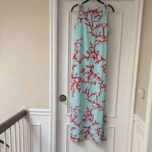 J. McLaughlin Red Coral on Blue Maxi Dress